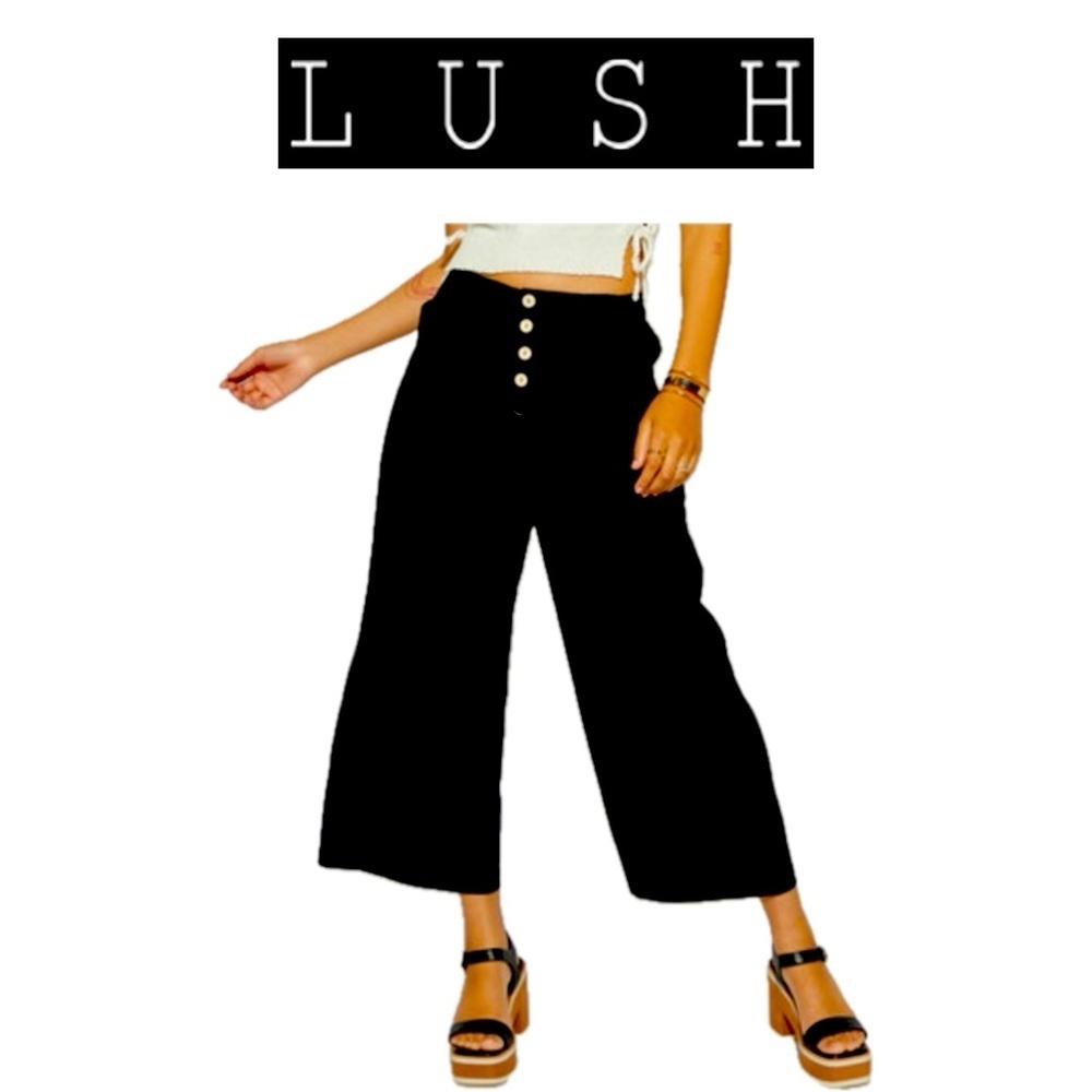 Lush Ladies Black Linen Blend Wide Leg Button Up Side Pockets Pants size Small